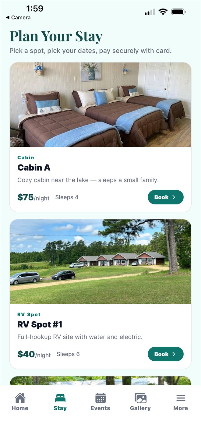 Jesus Camp Resort app booking screen